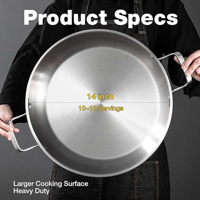 Stainless Steel Paella Pan with Lid - 14.5" Tri-Ply 18/10 Deep Paella Pan for 12, PFOA-Free, Fast Heating & Oven Safe 550°F, All Stovetops & Outdoor Skillet