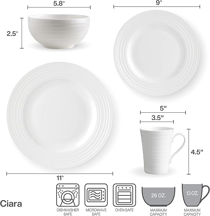 Mikasa Ciara 16 Piece Bone China Dinnerware Set, Service for 4, Lightweight and Durable Plates Bowls and Mugs, Elegant White Dinnerware for Everyday Use
