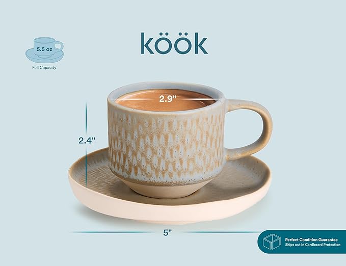 KooK Espresso Mug and Saucer Set, Ceramic Cups and Plates with Rustic Organic Shape and Feathered Texture, Dishwasher and Microwave Safe, Set of 4, Neutral Multicolor (5.5 Oz)