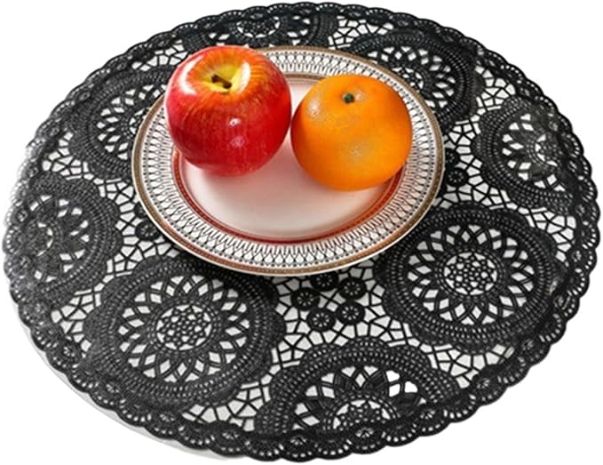 Round Placemats Restaurant PVC Decoration Meal Mat Anti- Dining Table Line Steak Plate Pad(Black)