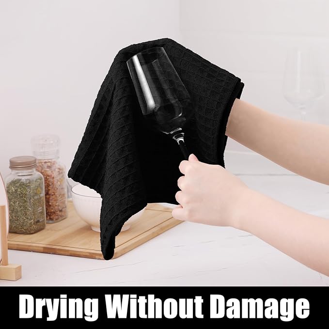 Homaxy Microfiber Waffle Weave Kitchen Towels Set, 16 x 28 Inch and 12 x 12 Inch Ultra Absorbent and Solid Color Dish Towels, 12 Pack, Black