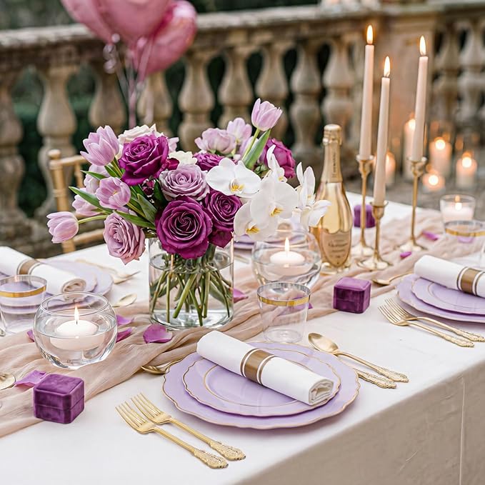Liacere 350PCS Purple Plastic Plates - Disposable Lavender Plates 50guest Plastic Dinnerware include 100Light purple Plates,50Pack Pre Rolled Napkins Silverware 50Cups for Valentine’s Day＆Easter Day