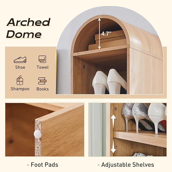 67" Tall Arched Bookshelf, 8 Tiers Arch Bookcase with Storage, Modern Farmhouse Book Shelf with Adjustable Shelves, Wood Bookshelf w/Open Display Shelves for Living Room, Office (Natural)