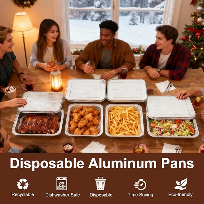 9x13 Aluminum Foil Pans with Lids - 25 Pack Disposable Half Size Deep Steam Table Tin Foil Pans for Oven Baking Cake, Roasting, Food Prepping, Storing, Freezing, Chafing