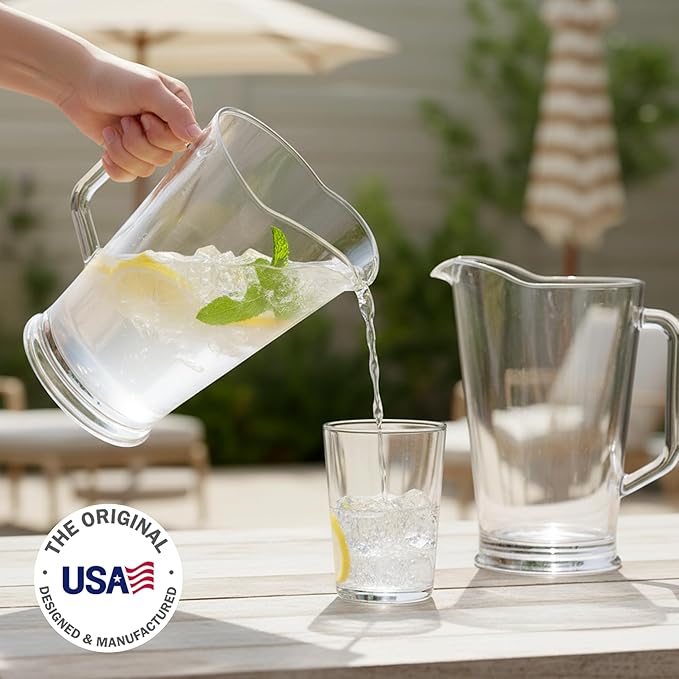 US Acrylic 64oz Bistro Clear Pitcher | Set of 2 Beer Pitchers | Reusable, BPA-free, Made in the USA, Indoor and Outdoor Pitcher Set for Water, Lemonade, Juice, Soda Pop, and Beer