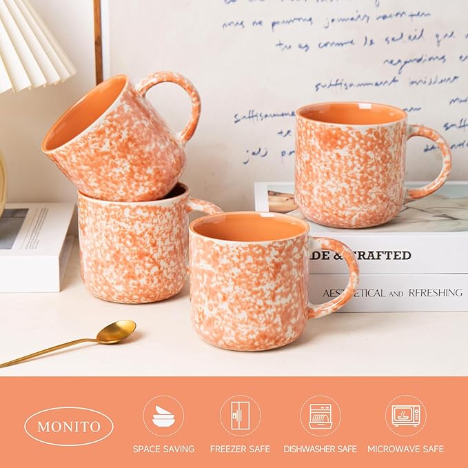 MONITO 12 OZ Coffee Mugs Set of 4, Ceramic Coffee Mugs,Modern Coffee Mugs Set with handle for Tea/Latte/Cappuccino/Milk/Cocoa. (Orange, 4 Count（Pack of 1)