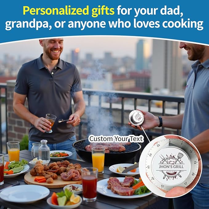 Personalized Kitchen Timer with Name, BBQ Gifts for Dad, Stainless Steel Mechanical Timer, with Magnet Back Loud Alarm, No Batteries Required