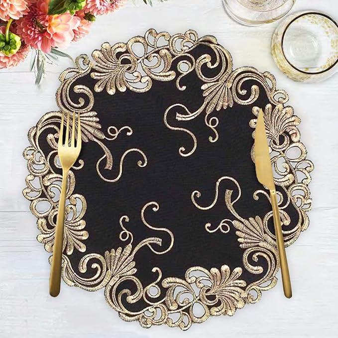 Decozen Set of 12 Doilies for Table, Lace Doilies - Rustic, Crochet, Farmhouse, Kitchen, Dining Table Centerpiece Decor - Round Christmas Placemats 15 inch Gold Black, The Chantelle Collection