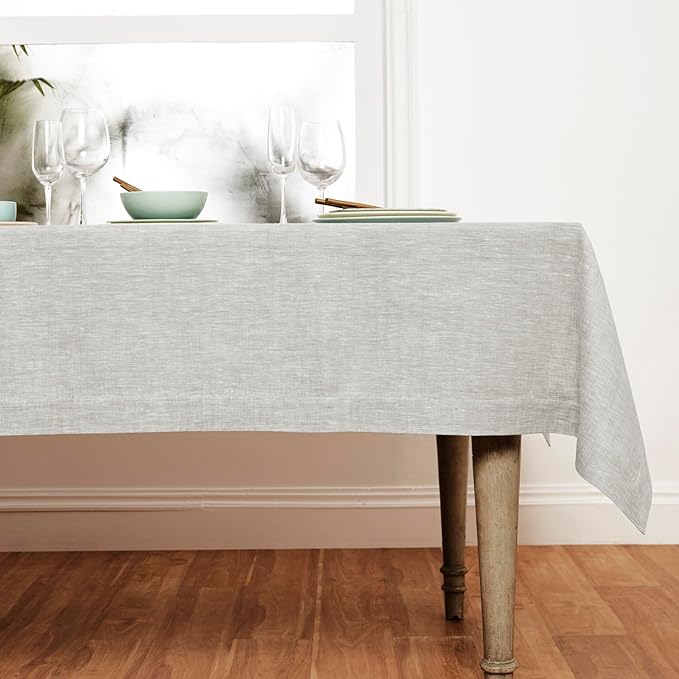 Solino Home Linen Tablecloth 60 x 108 Inch - 100% Pure Linen Oyster Grey Table Cloth for Rectangular Tables - Athena, Machine Washable Cloth Tablecloth for Spring, Easter