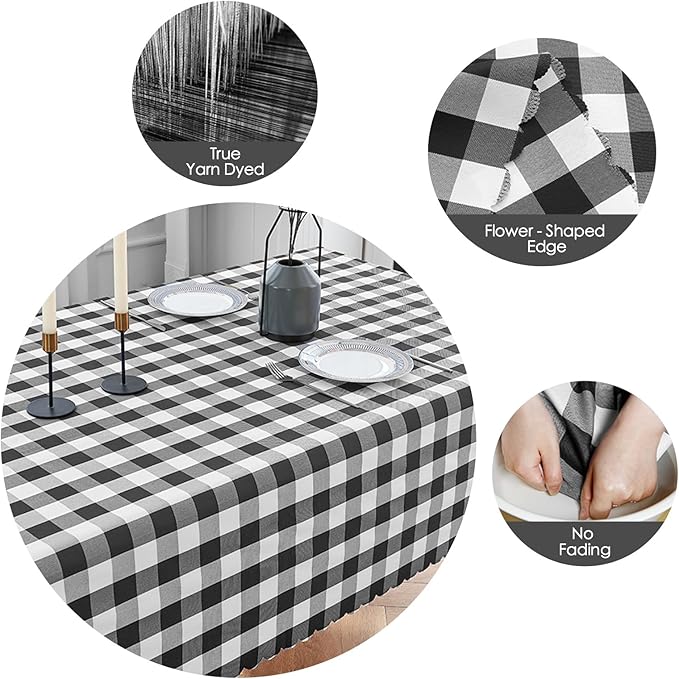 Gingham Tablecloth – 55"×71" Rectangle Table Cloth, Yarn-Dyed Checkered Tablecloth, Wipeclean Washable Picnic Table Cover for Dining, Camping, Outdoor, Black