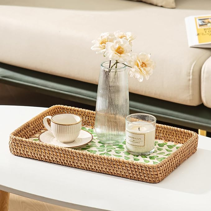 Set of 3 Rectangle Rattan Trays for Decor, Coastal Wicker Serving Tray, Hand-Woven from Natural Rattan with Mother of Pearl Inlay, Boho Woven Decorative Trays for Bathroom Kitchen Counter, Entryway