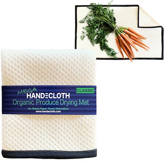 Organic Cotton Produce Drying Mat - Made in USA - Ultra Absorbent Reversible Pad Perfect for Drying Fruits & Vegetables - Zero Waste Microfiber Alternative