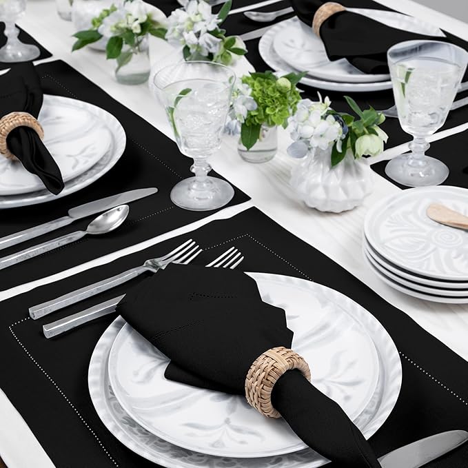 Solino Home Linen Placemats Set of 4 - Classic Hemstitch Black Placemats 14 x 19 Inch - 100% Pure Linen Table Mats for Winter, Spring, Easter