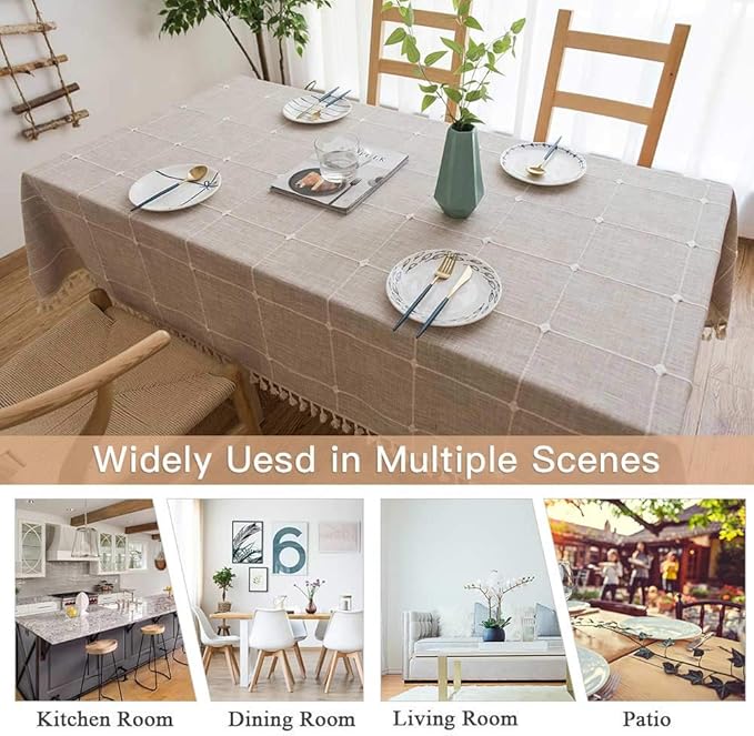 Deep Dream Tablecloths, Embroidered Waterproof Table Cloth Cotton Linen Wrinkle Free Anti-Fading Table Cover Decoration for Kitchen Dinning Party Christmas, 55 x 102 Inch - Light Brown