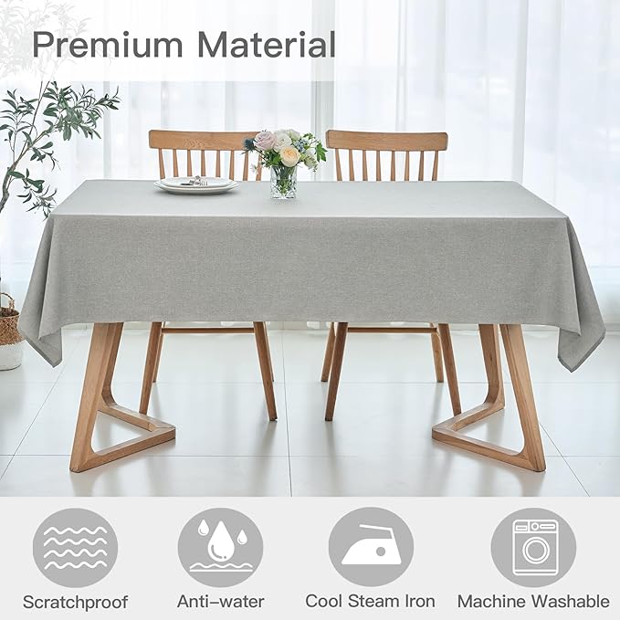 maxmill Rectangle Linen Texture Tablecloth Stain Proof Waterproof Wrinkle Free Washable Dining Table Cloth Wipeable Fabric Dining Room Table Cover Farmhouse Tablecloths, 60 x 120 Inch, Light Grey