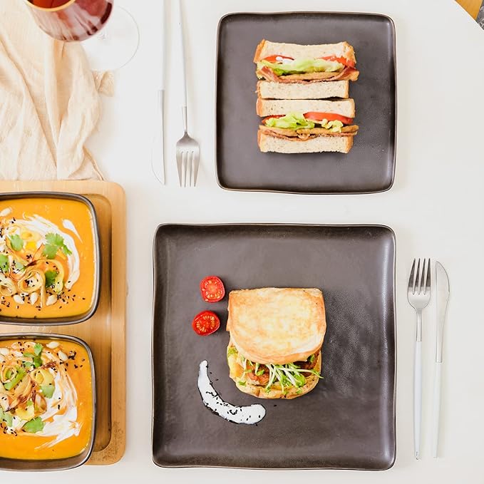 Stone Lain Jonny Stoneware 12 Piece Dinnerware Set, Home Kitchen Modern Square Dish Set with Dinner Plates, Salad Plates, & Bowls, Brown