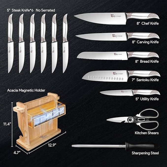 Japanese Knives Set for Kitchen, Magnetic Knife Set with Block and Sharpener, Stainless Steel Knife Set as Gift for Couple, Wedding, Women or Mom with Gift Box, 14 PCS Red Dot
