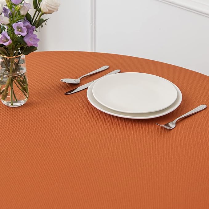 maxmill Round Textured Tablecloth Spill-Proof Wrinkle Free Soft Jacquard Table Cloth for Circular Table Cover, for Dining Room Buffet Banquet Parties Holiday Dinner, 70 Inch, Rust