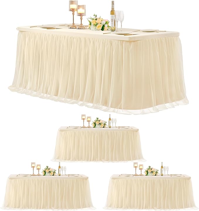 4 Pack 8ft Champagne Tulle Tablecloths for Rectangle Tables, 8 Foot Champagne Rectangular Table Cloth, Wrinkle Free Table Cover with Tutu Skirt for Wedding Birthday Party Banquet Buffet Bridal Shower