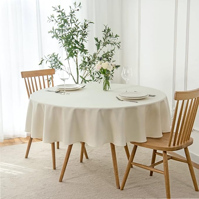 maxmill Round Linen Looking Textured Tablecloth Spill-Proof Wrinkle Free Soft Jacquard Table Cloth for Circular Table Cover, for Dining Room Buffet Banquet Parties Holiday Dinner, 70 Inch Ivory