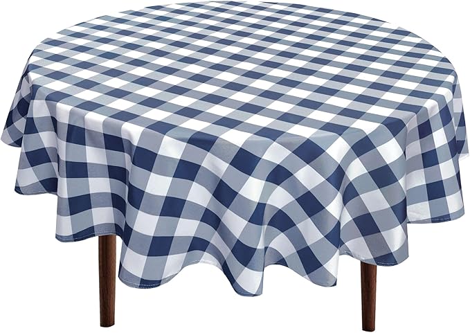 Hiasan Checkered Round Tablecloth 45 Inch - Waterproof Stain and Wrinkle Resistant Washable Fabric Table Cloth for Dining Room Party Outdoor Picnic, Navy Blue and White