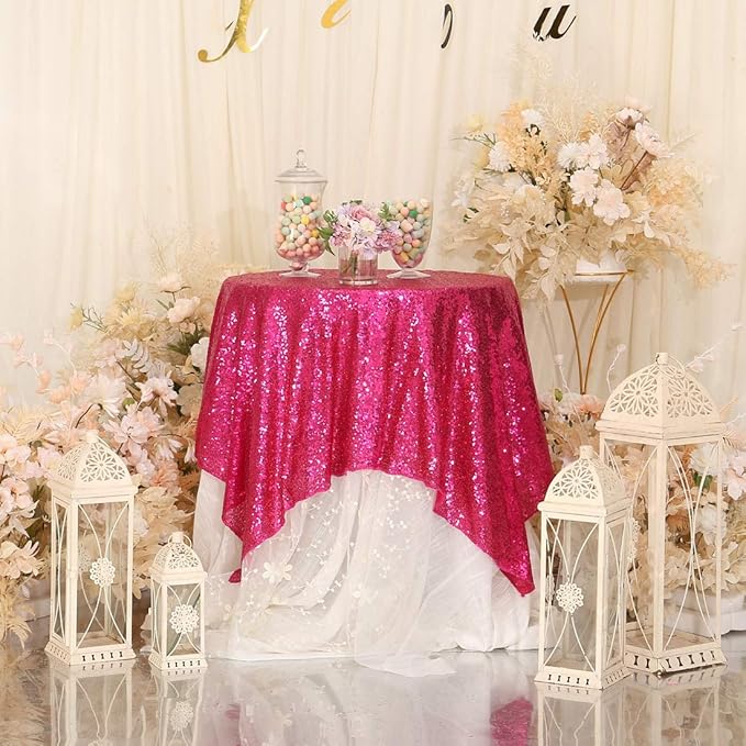 Eternal Beauty Hot Pink Tablecloth, 50x50 Inch Sequin Square Table Cover for Valentines Cake Dessert Exhibition Party Birthday Events