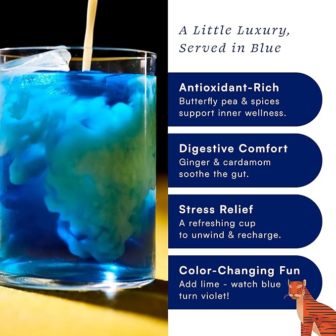Herbs & Kettles Blue Chai – Caffeine-Free Herbal Chai Blend with Butterfly Pea Flower from India & Southeast Asia | Polyphenol-Rich Spices, Natural Vibrant Color | 12 Compostable Tea Bags