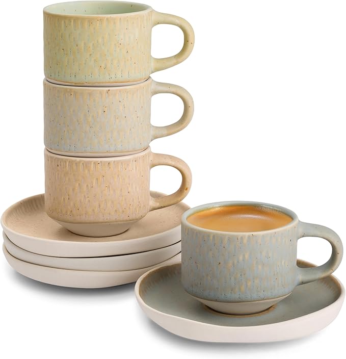KooK Espresso Mug and Saucer Set, Ceramic Cups and Plates with Rustic Organic Shape and Feathered Texture, Dishwasher and Microwave Safe, 2.7 oz, Set of 4, Neutral Multicolor (2.7 Oz)