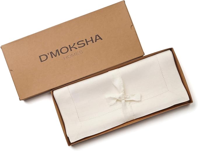 D'Moksha Homes Linen Ivory Table Runner 108 Inches Long - 100% Pure Linen 14 x 108 Inch Table Runner for Valentines, Spring, Easter - Classic Hemstitch