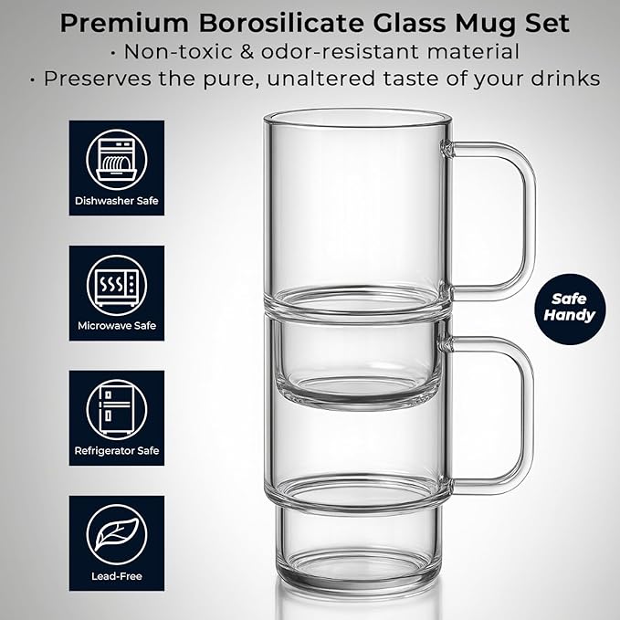 Aquach 18oz Stackable Glass Mugs with Handle, Set of 2 - Large Clear Coffee Cups for Latte, Cappuccino, Mocha, Americano, and Tea