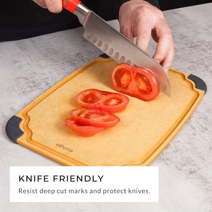 Elihome Essential Series Cutitng Board for Kitchen- Natural Wood Fiber Composite, Dishwasher Safe, Eco-Friendly, Juice Grooves, Non-slip Feet, Non-Porous, Reversible, BPA Free, Medium - 12" x 8"