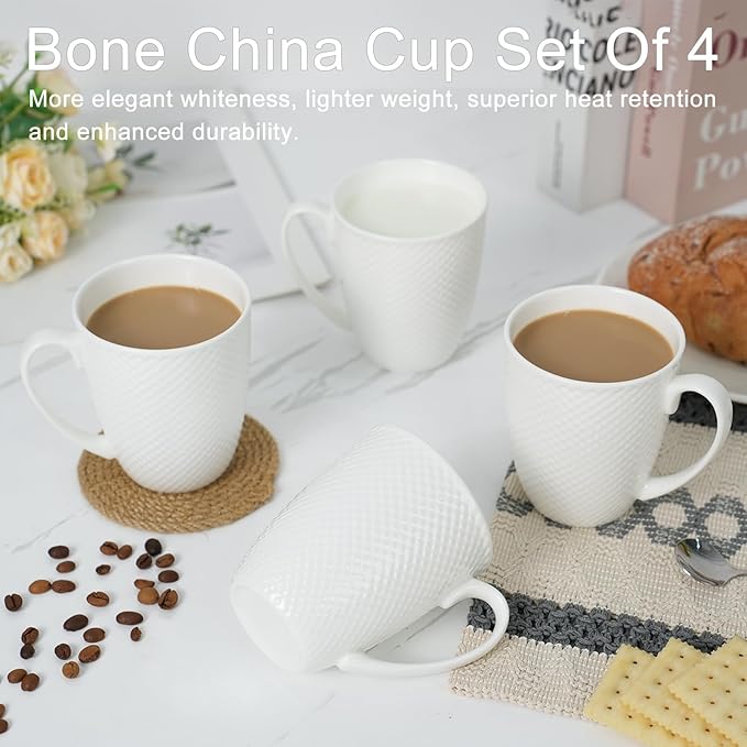 12 Oz White Coffee Mugs Set of 4, Fine Bone China Mugs, White Ceramic Coffee Cups Set, Rhombus Relief Texture, Lightweight Tea Mugs for Latte, Hot Cocoa, Women, Men