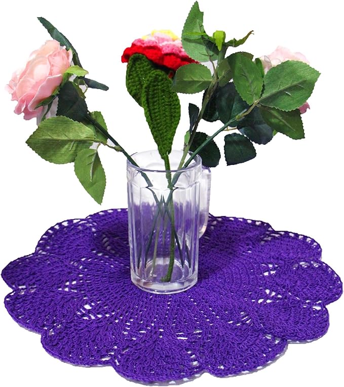 BIBITIME Round Flower Lace Doilies Vase Mats Kitchen Tablecloth Dish Plate Mat Handmade Crochet Table Doily Placemats (Dark Purple, 11.8 in to 13.8 in,1PC)