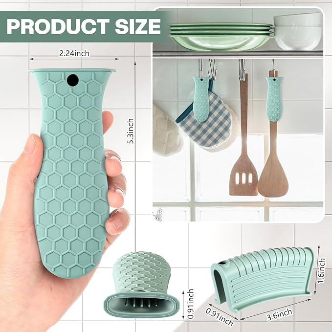 Patelai 8 Pcs Silicone Pot Holders Cast Iron Handle Cover Heat Resistant Pot Handle Covers Potholder Non Slip Reusable Pan Sleeve for Frying Pan Kitchen Supplies(Mint Green)