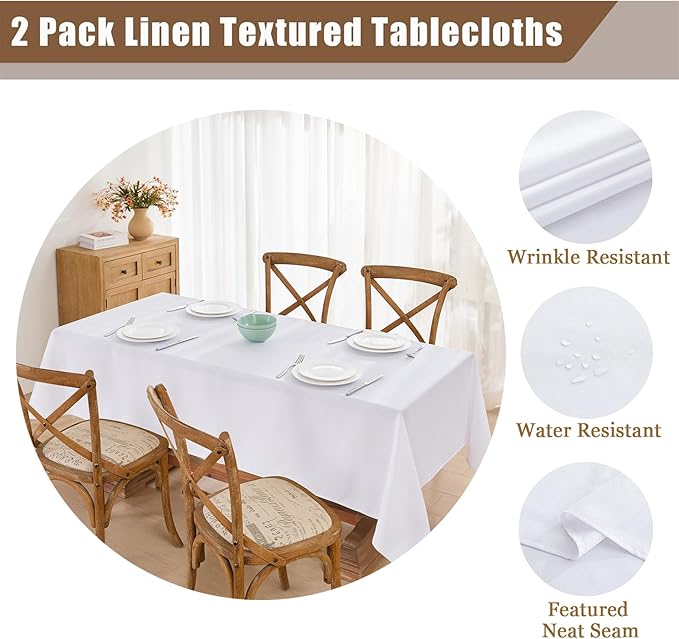 Faux Linen Tablecloths for Rectangle Tables, 2 Pack Burlap Textured Table Cloths Washable Farmhouse Table Cover Water Resistant for Dining, Wedding, Outdoor(White, 52"×70")
