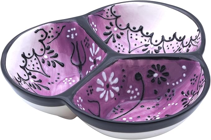 Ceramic Chip & Dip Bowl 7.5”, 3-Compartment Divided Serving Dish & Condiment Tray for Appetizers – Handmade in Spain, Lead-Free Glaze, Microwave, Oven & Dishwasher Safe
