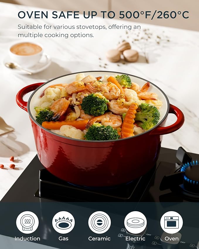 Enameled Cast Iron Dutch Oven - 4.5QT Pot with Lid & Cotton Potholders - Heavy-Duty Cookware for Braising, Stews, Roasting, Bread Baking, Oven Safe up to 500°F & Suitable for All Cooktops, Cherry Red