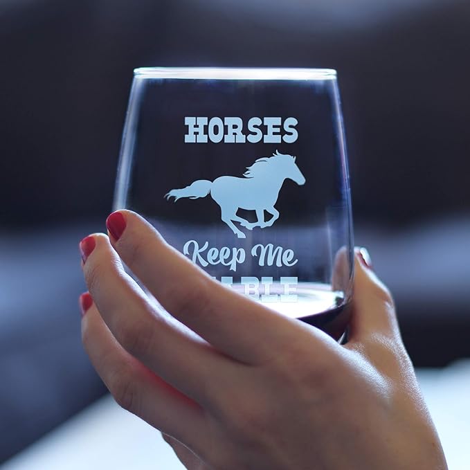 Bevvee Horses Keep Me Stable – Funny Stemless Wine Glass, Large 17 Ounces, Etched Sayings, Gift Box