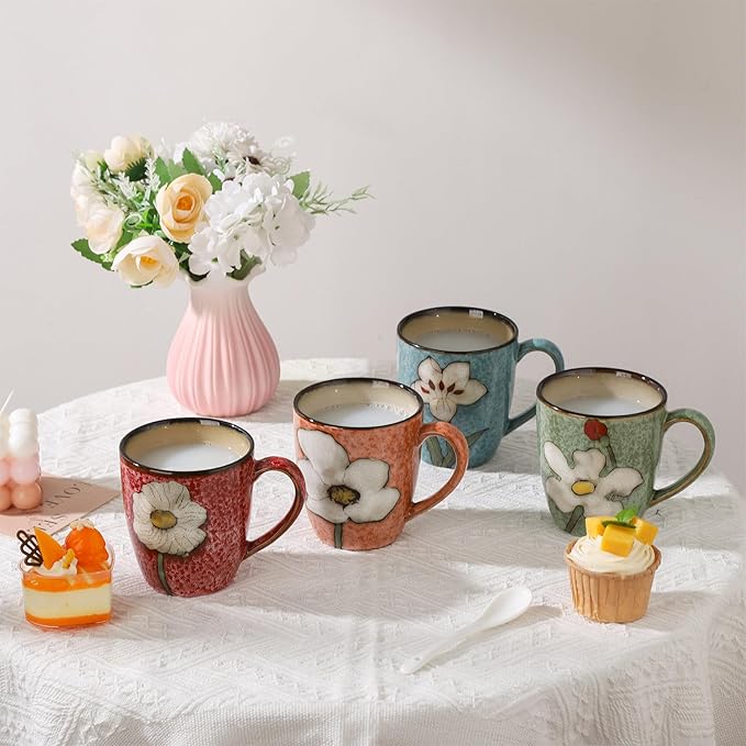 VanEnjoy 13oz Coffee Mug 4 Set of Ceramic Coffee Cups Cappuccino Cups Set Vintage Coffee Mugs for Home Cafe Floral Mugs for Tea Latte Espresso