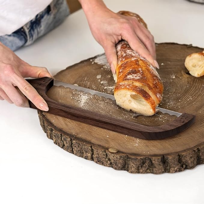 Bread Knife, Sourdough Bread Slicer for Homemade Bread, Bread Cutter with Measuring Scale, Walnut Serrated Knife with Cover and Scoring Tool, Ideal for People Who Love Baking Homemade Bread