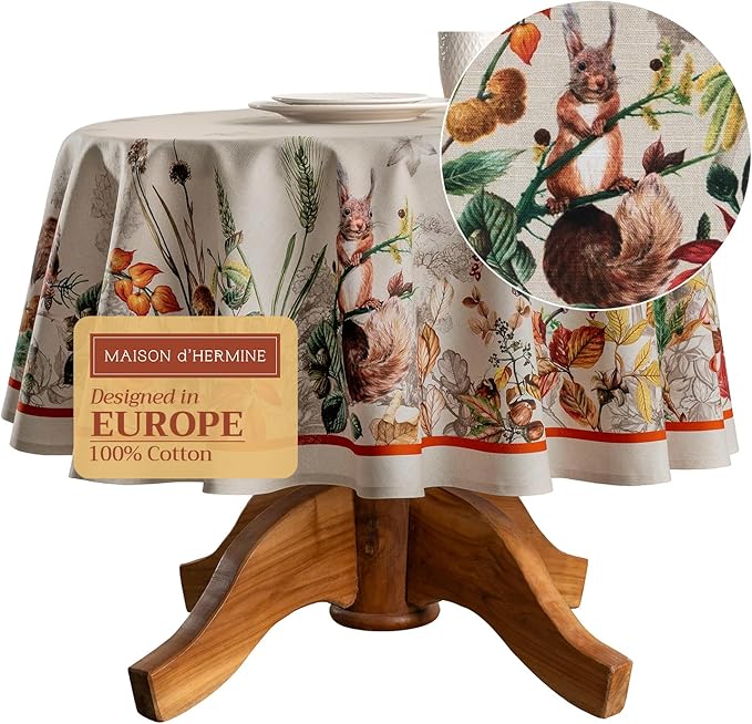 Maison d' Hermine Table Cloth Round Table 100% Cotton 69 Inches Fall Tablecloth Reusable Everyday Use for Thanksgiving Christmas Decorations Dining Farmhouse Party (Recolte)