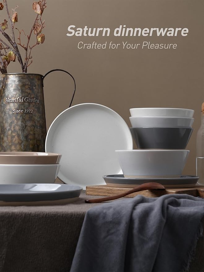 Famiware Saturn 16 Pieces Plates and Double Bowls Sets for 4, Stoneware Dinnerware Set with Pasta Bowl, Dish Set with Trim - Chip & Scratch Resistant, Microwave & Dishwasher Safe, Multi-color