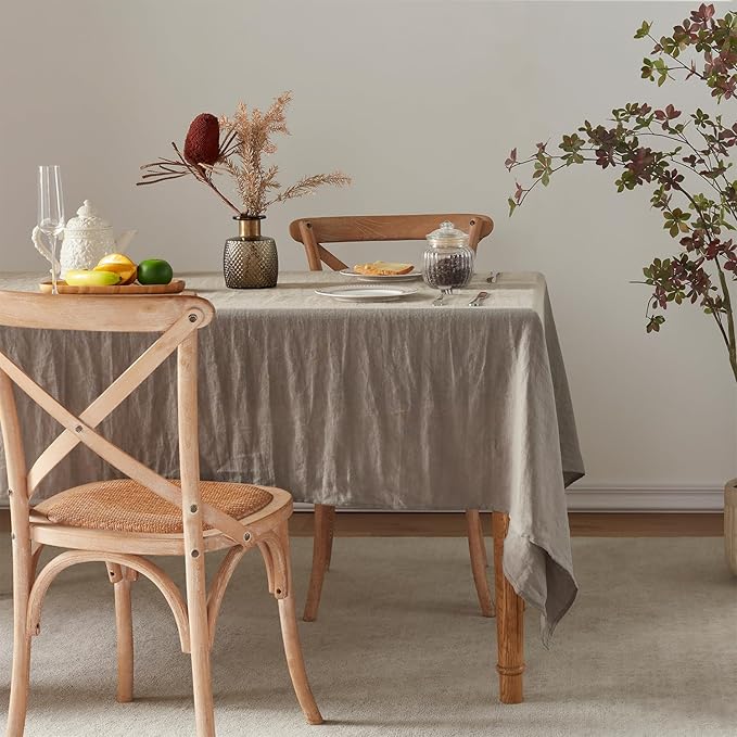TOSMO 100% French Linen Tablecloth, Washable Farmhouse Rectangle Table Cloth for Kitchen, Dining, Party, Cocktail, Indoor and Outdoor Daily Use(52''x70'',Taupe)