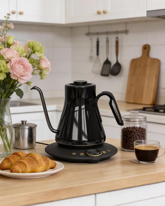 Cocinare FLOW B9 Gooseneck Electric Kettle, Precise Temperature Control for Pour-Over Coffee & Tea Brewing, Stainless Steel Interior, Rapid Heating for Boiling Water 0.9L (Soulages Black)