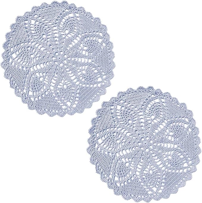 BIBITIME Lace Placemats Table Doilies Round Handmade Crochet Doily Kitchen Cup Mug Mats (BrightGrey, 11 to 12 inches-2PCS)