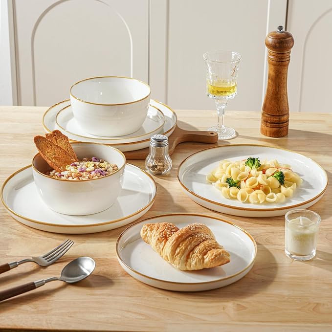 Yachi Plates and Bowls Sets, 12 Pieces Modern Porcelain Dinnerware Set for 4 Kitchen Dinner Set Ceramic Dishware Dishes Set Microwave and Dishwasher Safe, White, Series
