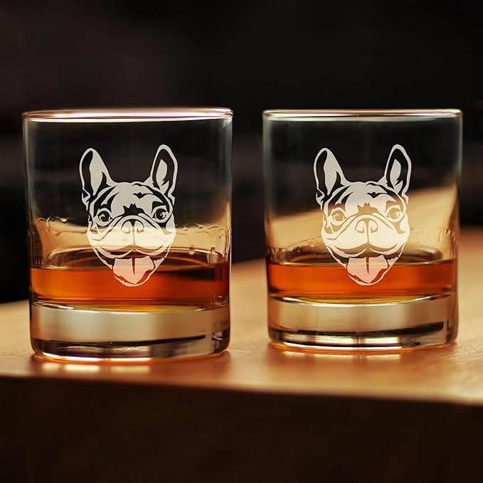 Happy Frenchie - Whiskey Rocks Glass - Unique French Bulldog Themed Gifts or Party Decor for Women and Men - Set of 2-10.25 Oz