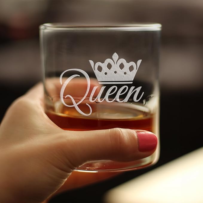 Bevvee Queen - Whiskey Rocks Glass - Fun Gifts for Women Who Love Drinking Whisky & Etched Sayings Decor - Set of 4-10.25 oz
