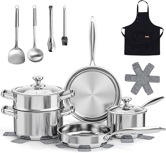 Meythway Pots and Pans Set Non Toxic, 16PCs Stainless Steel Cookware Set with Steamer, Kitchen Induction Cookware with Utensil Sets, Pot Protectors and Apron For Oven & Dishwasher Safe