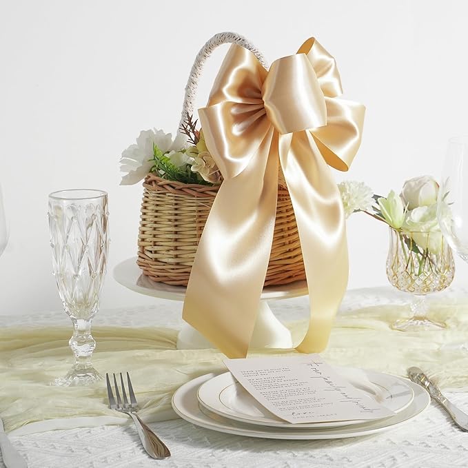 MEEDEE Champagne Satin 3 Inch Ribbon Lux Double Faced Satin Ribbon by 10 Yards Champagne Gold Ribbons Christmas Ribbons for Christmas Tree, Weddings, Flower Bouquet